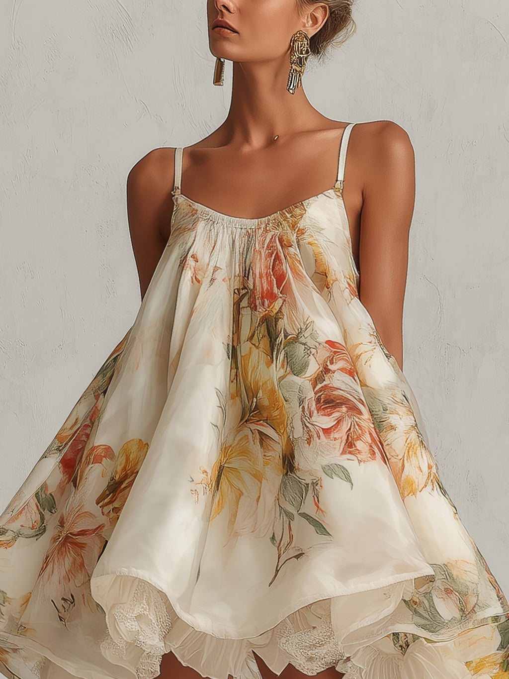 Blanche | Mini-Trapeze Dress in Organza with Beige Floral Pattern and Lace Trim