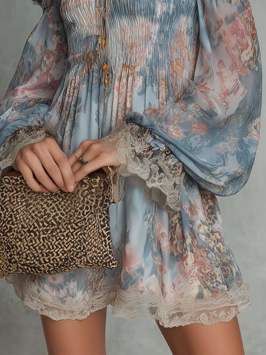 Romane | Mini Kleid aus gerafftem Chiffon mit schulterfreien Trägern und romantischem Blumenmuster