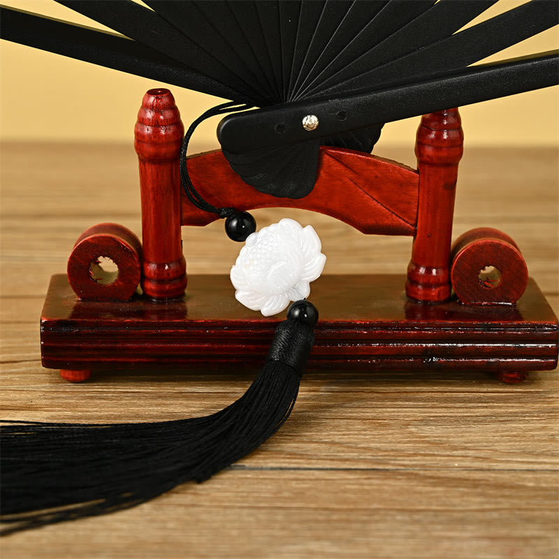 Vintage Buddha Stones Phoenix Nine-Tailed Fox Flower Bamboo Tiger Handheld Fan with Lotus Tassel