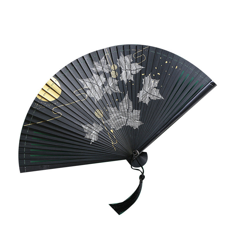 Vintage Buddha Stones Cloud Crane Maple Leaf Pattern Handcrafted Bamboo Folding Fan