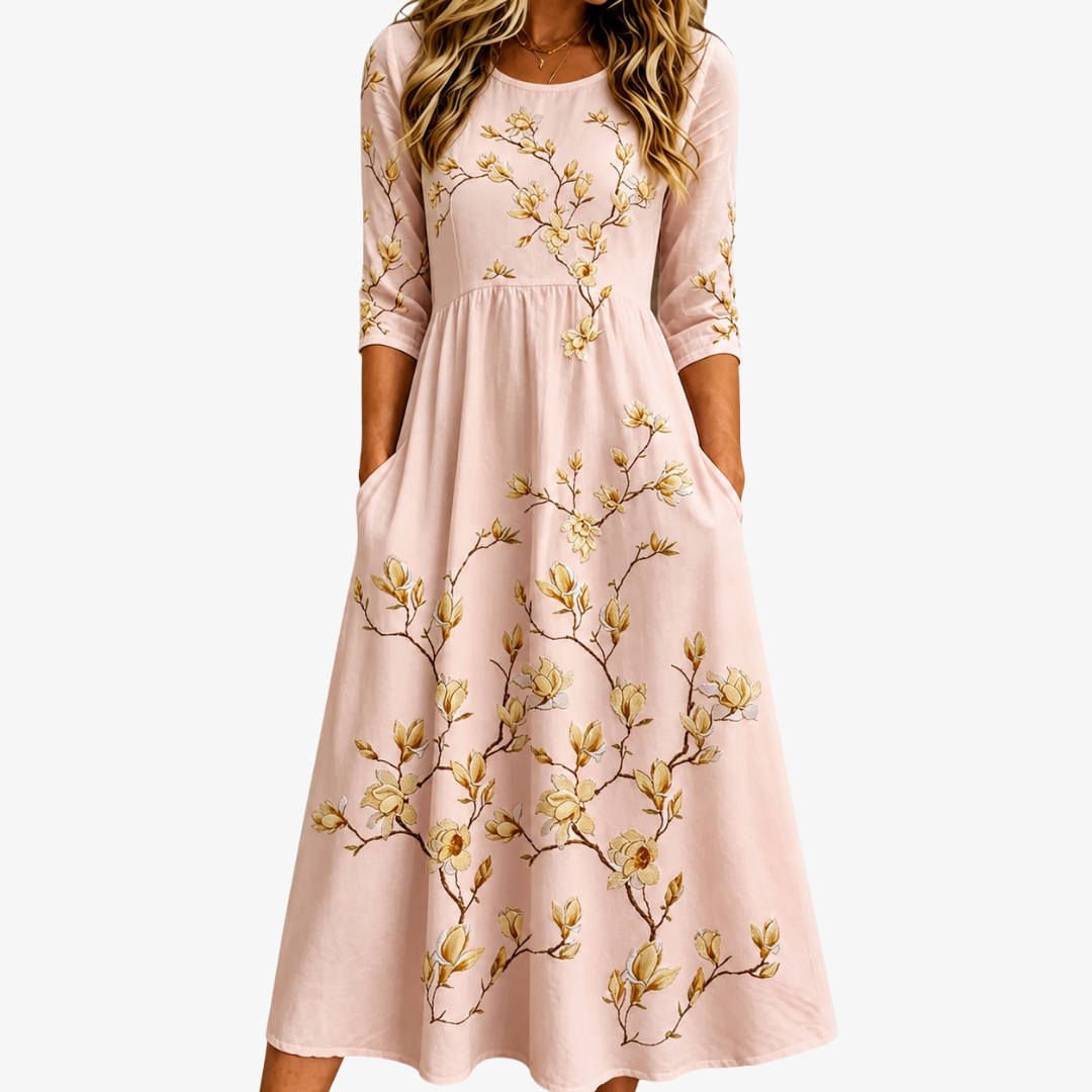 Goldenes Midi-Kleid mit Magnolienblüten