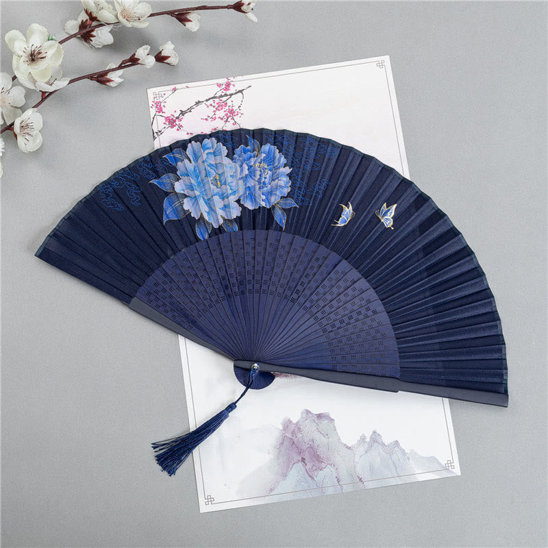 Faltbarer Bambus-Handfächer, 22,5 cm, mit Buddha-Steinen und Motiven von Kranich, Libelle, Lotus, Pfingstrose, Pflaumenblüte und Schmetterling
