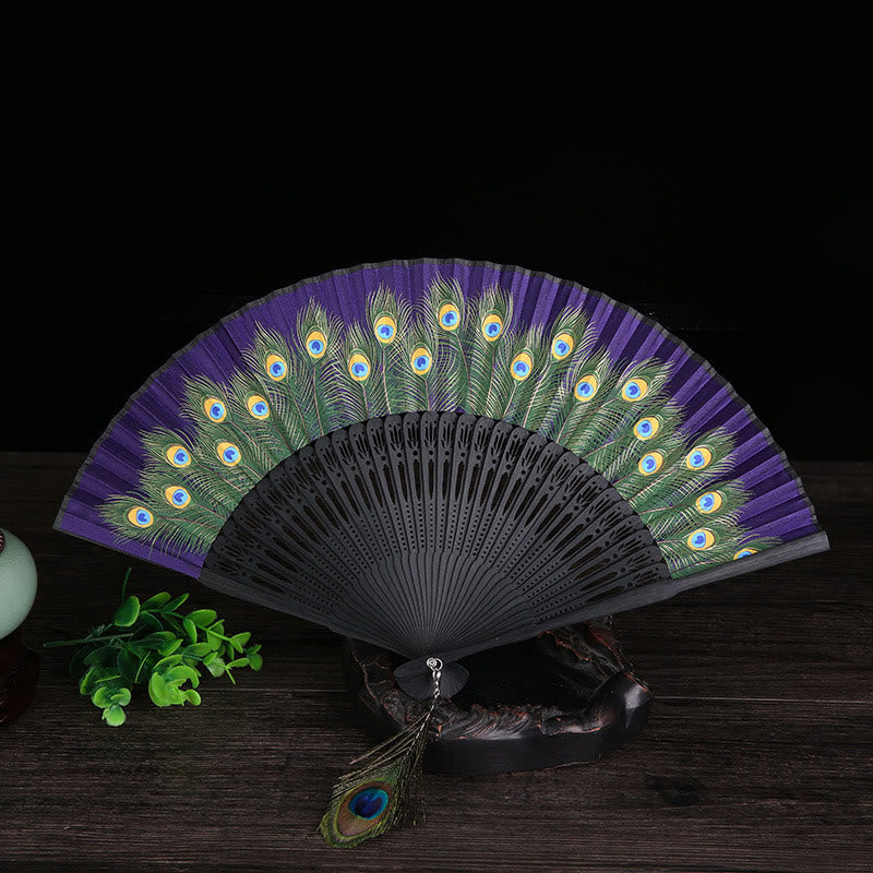 Buddha Stones Handheld Bamboo Folding Fan with Peacock Feather Design - 21.5 cm