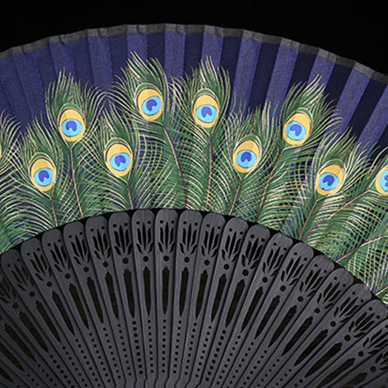 Buddha Stones Handheld Bamboo Folding Fan with Peacock Feather Design - 21.5 cm