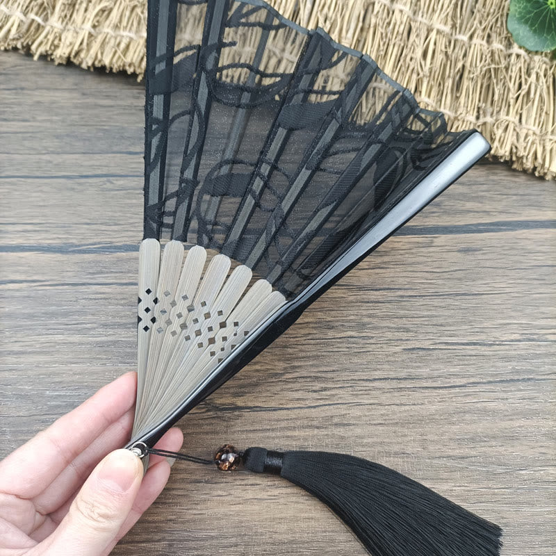 Retro Buddha Stones Floral Silk Handheld Bamboo Folding Fan