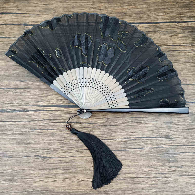 Retro Buddha Stones Floral Silk Handheld Bamboo Folding Fan