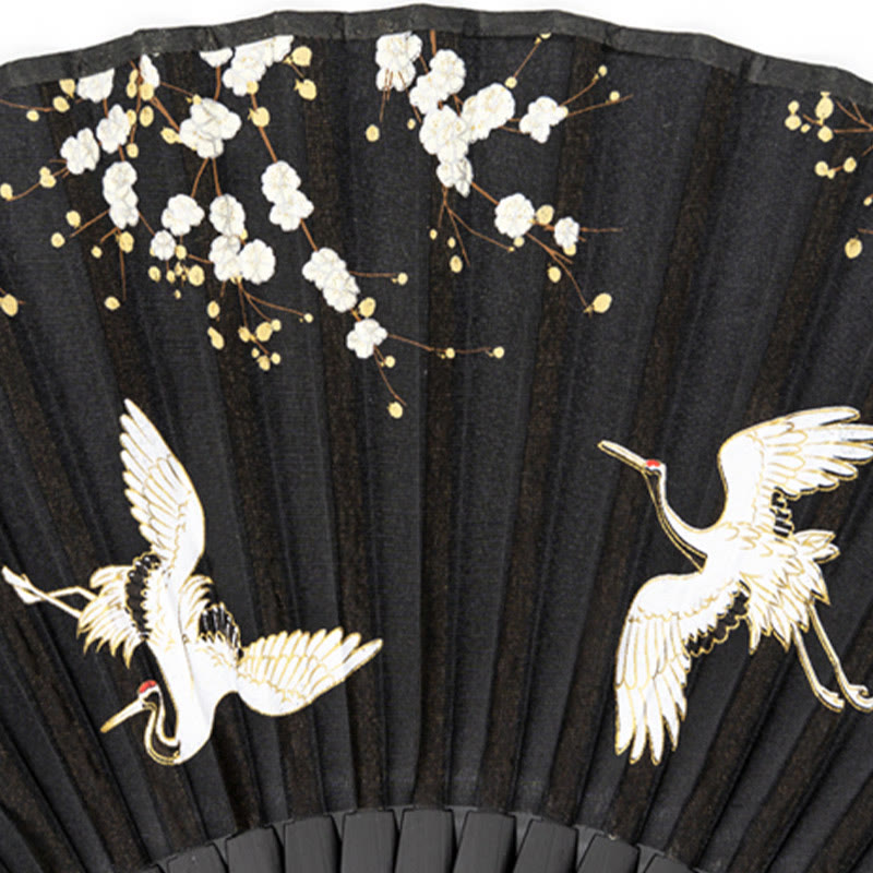 Bambus Handfächer mit Buddha-Steinen, Pflaumenblüten und Kranich-Design aus Seide