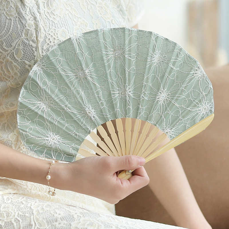 Retro Buddha Stones Large Floral Embroidery Shell-Shaped Tassel Handheld Bamboo Folding Fan