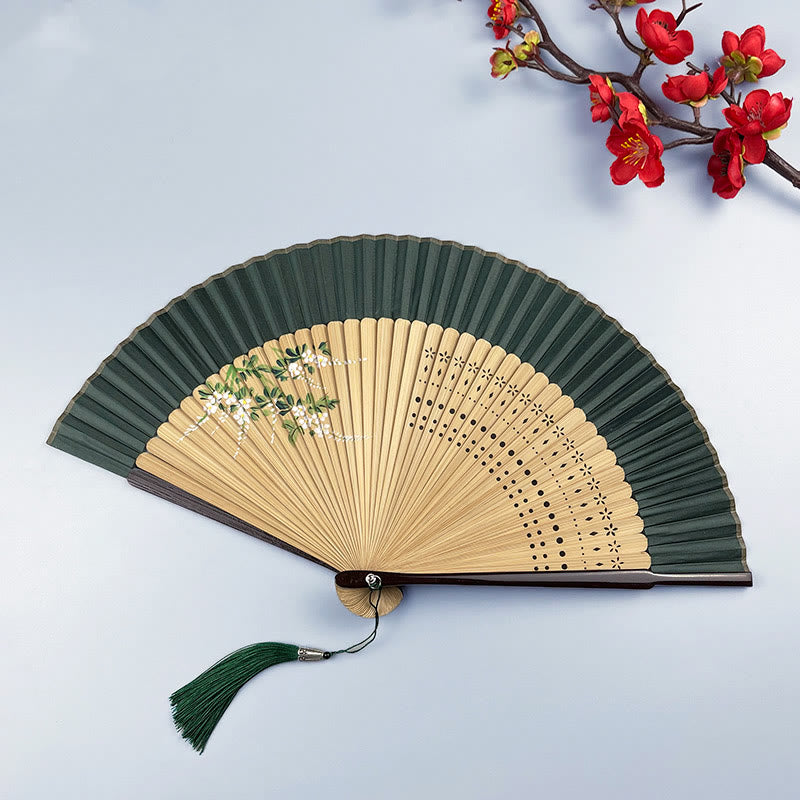 Buddha-Steine, Blumen-Kaninchen, Sprühlack, Handventilator aus Baumwollleinen und Bambus, Faltfächer