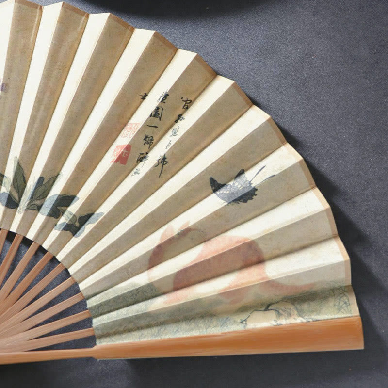 Faltbarer Handventilator aus Baumwolle und Leinen mit Buddha-Motiven, Schmetterlingen, Katzen und Blumen