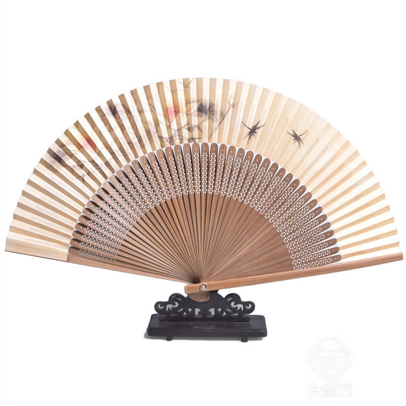 Buddha Stones, Lotus, Dragonfly, Peony, Butterfly, Bamboo Hand Fan - 22.5 cm
