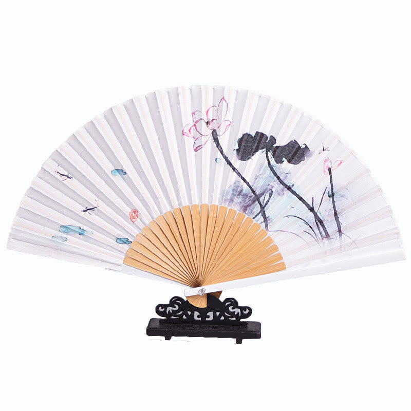 Faltfächer aus Hand-Huayao-Crêpe-Polyester mit Buddha-Motiven, chinesischen Schriftzeichen, Tuschmalerei, Lotusblume und Blattlandschaft – 23,3 cm