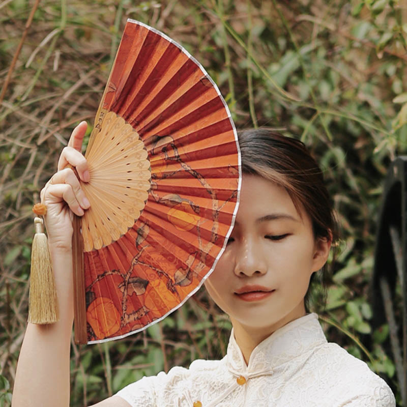 Buddha Stones Handcrafted Bamboo Fan with Floral Design, Kaki, Bamboo Leaves, and Xiangyunsha Silk