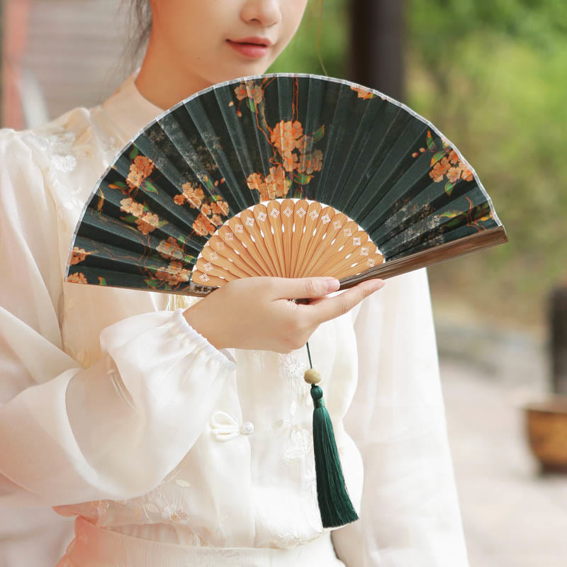 Buddha Stones Handcrafted Bamboo Fan with Floral Design, Kaki, Bamboo Leaves, and Xiangyunsha Silk