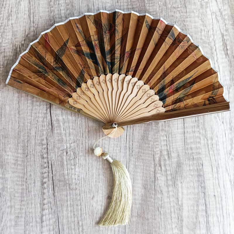 Buddha Stones Handcrafted Bamboo Fan with Floral Design, Kaki, Bamboo Leaves, and Xiangyunsha Silk