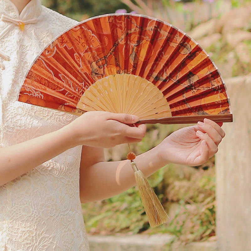 Buddha Stones Handcrafted Bamboo Fan with Floral Design, Kaki, Bamboo Leaves, and Xiangyunsha Silk