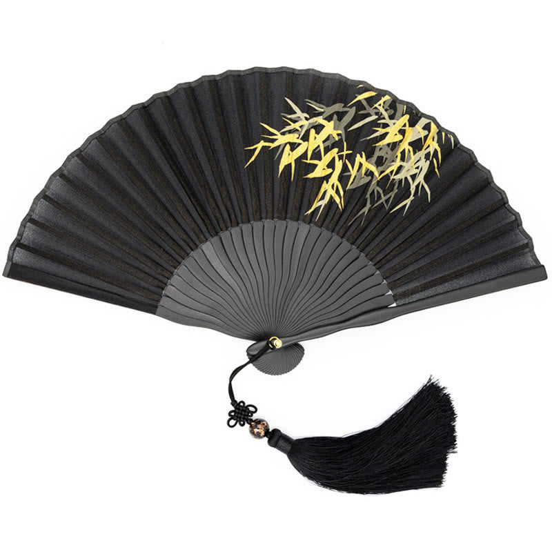 Buddha-Design Seiden-Handfächer aus Bambus mit schwarzem Bambusblatt-Muster