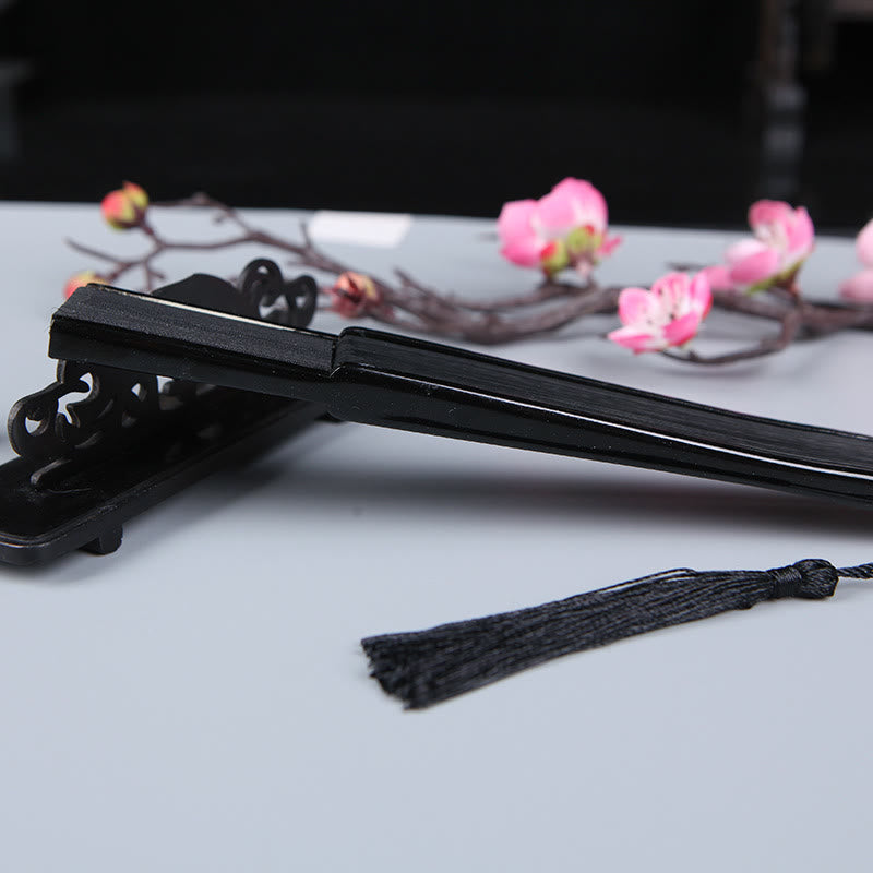 Faltbarer Buddha Handfächer mit Kirschblüten-Design, Sakura und Kamelie, aus Seide und Bambus, 21 cm