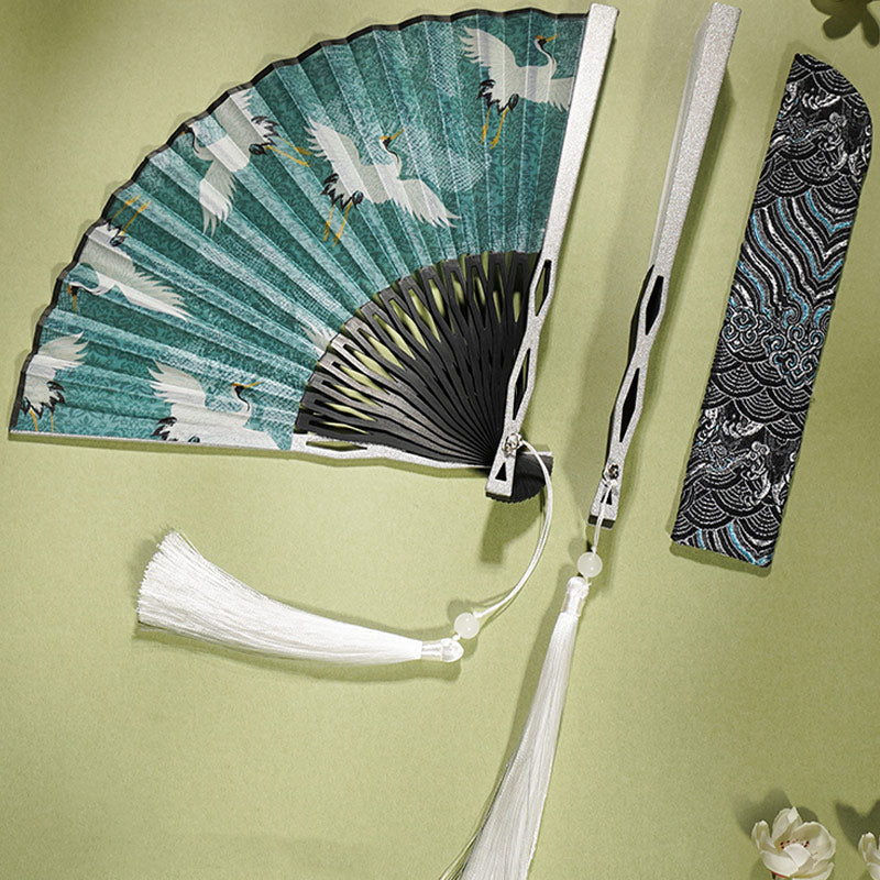 Handgefertigter Faltfächer aus Seidenbambus mit Buddha-Steinen im Vintage-Stil, Blau-weißes Kranichdesign
