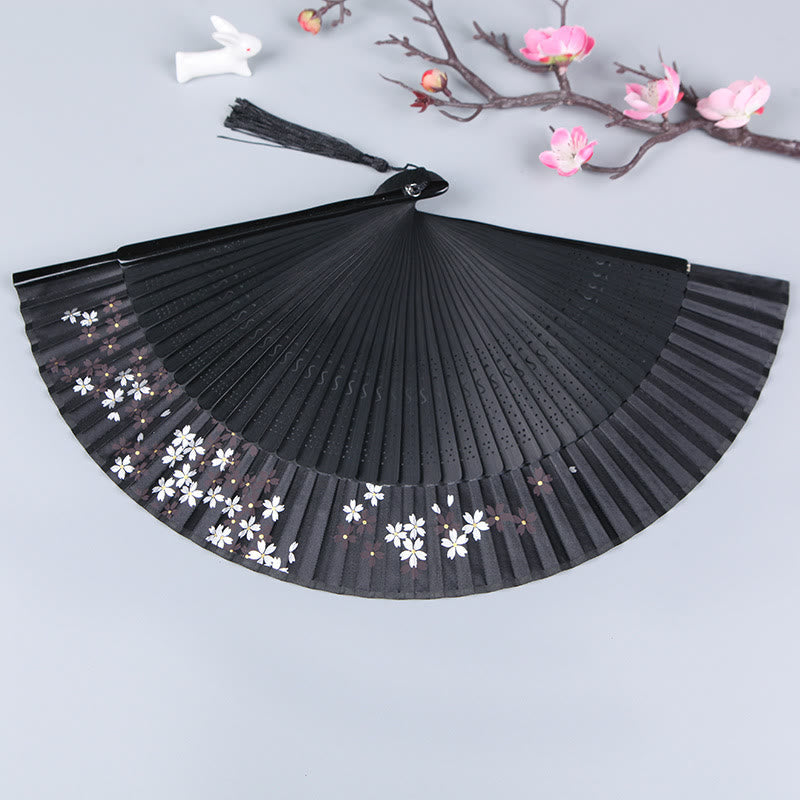 Faltbarer Buddha Handfächer mit Kirschblüten-Design, Sakura und Kamelie, aus Seide und Bambus, 21 cm