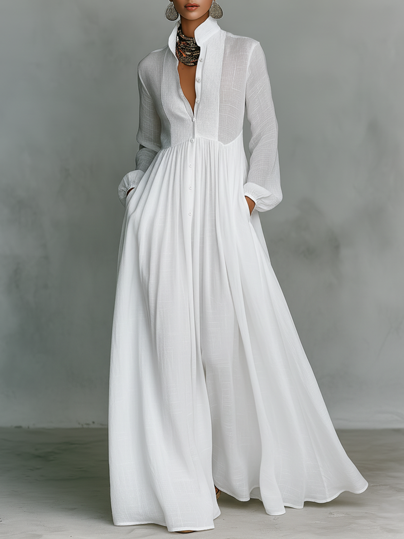 Sita | Patchwork Maxi Minikleid mit Hohem Kragen und Langen Ärmeln