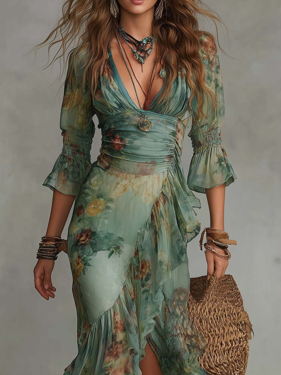 Aurora | Romantisches Maxi-Kleid mit floralem Design und asymmetrischem Saum