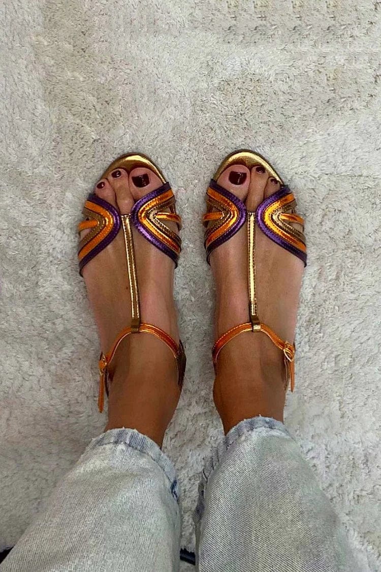 Mehrfarbige Peeptoe-Sandalen mit goldener Schnalle und T-Riemen