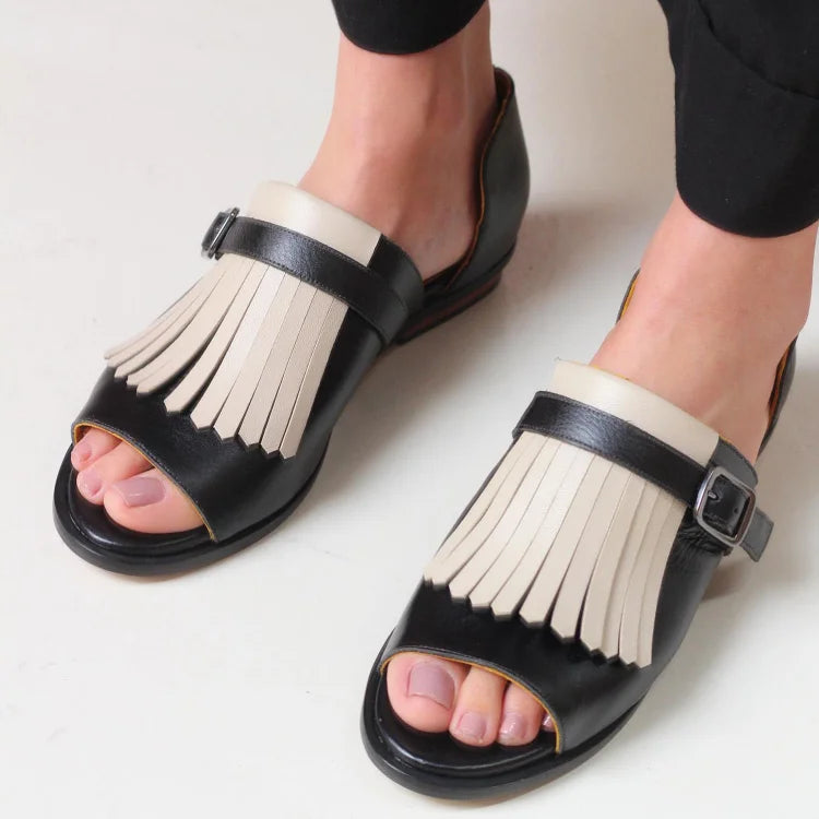 Offene Fransen-Slipper-Sandalen mit runder Kappe