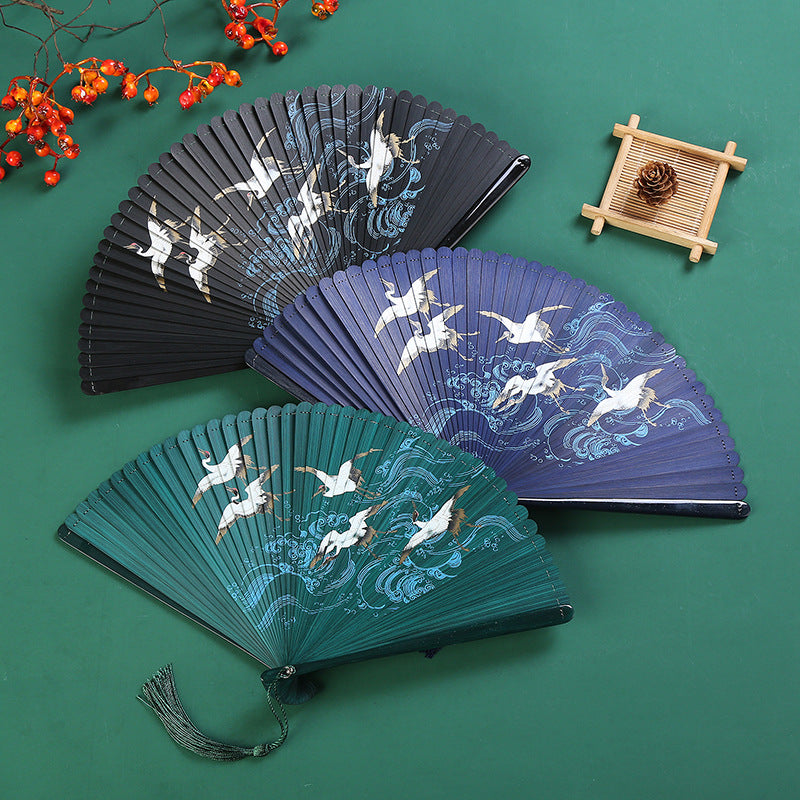 Vintage Buddha Stones Cloud Crane Maple Leaf Pattern Handcrafted Bamboo Folding Fan