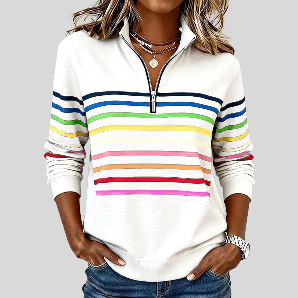 Prismette | Bunte Streifen-Fleecejacke mit halbem Reißverschluss