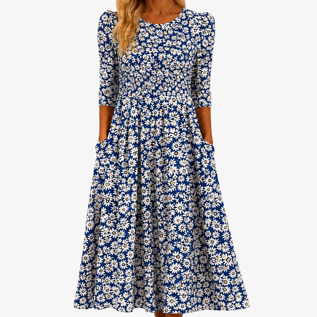 Maxikleid mit Taschen - Blumendruck in Blau mit Margeriten