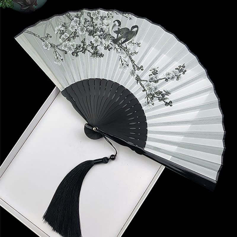 Vintage Buddha Stones Silk Hand Fan with Bamboo Frame - Peony Butterfly Lotus Design