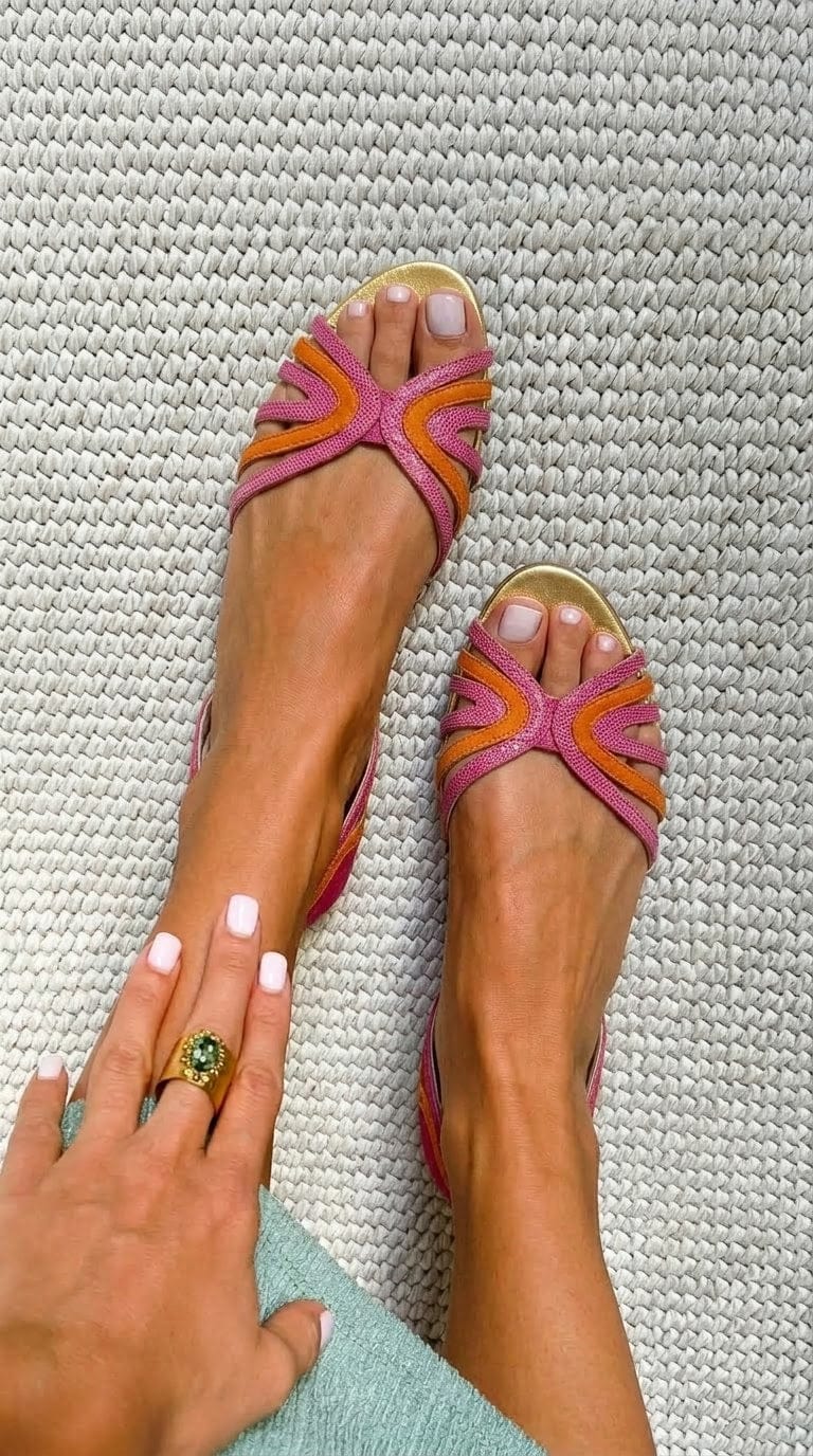 Peep-Toe Sandalen in Orange und Rosa mit niedrigem Absatz