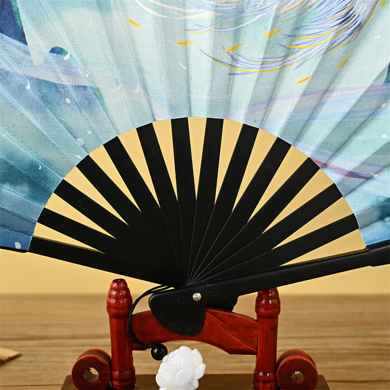 Vintage Buddha Stones Phoenix Nine-Tailed Fox Flower Bamboo Tiger Handheld Fan with Lotus Tassel