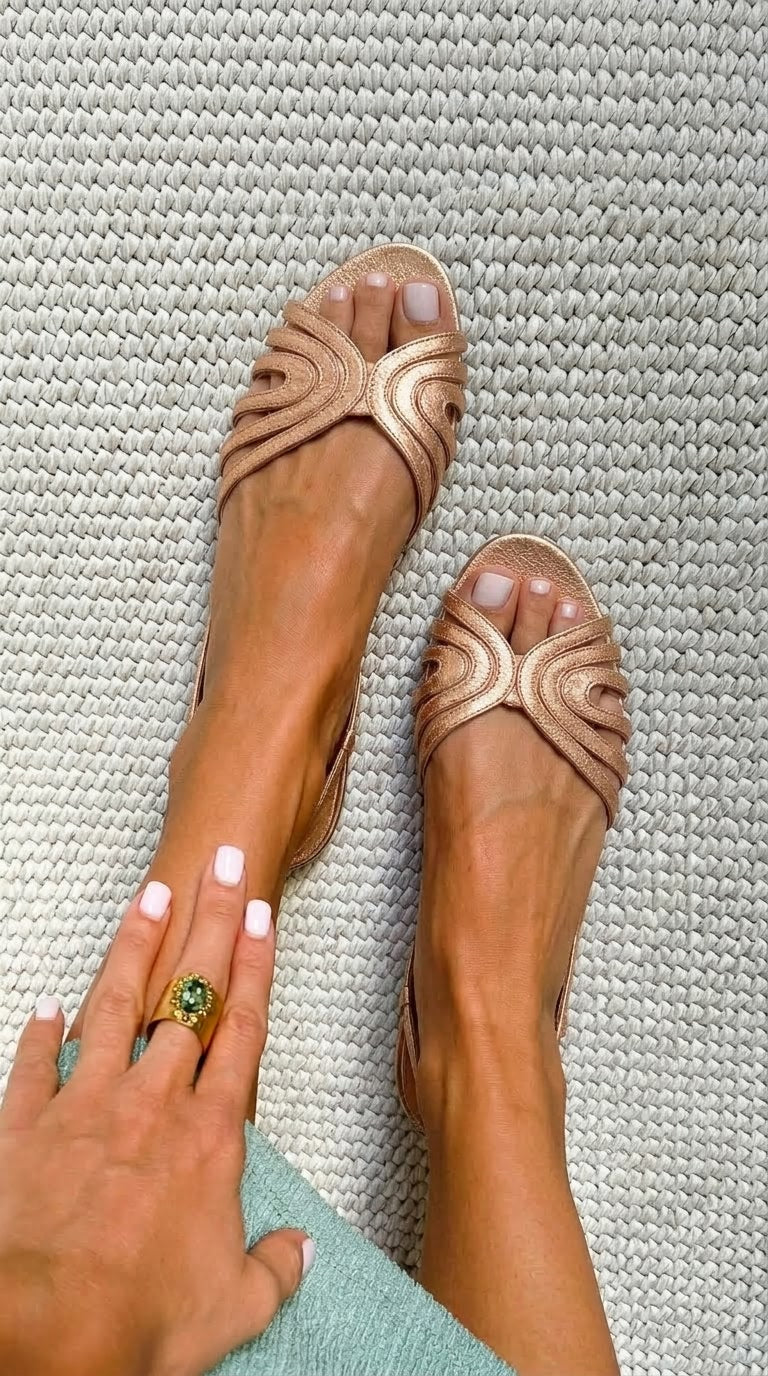 Roségoldene Ballerinas mit offener Spitze und glänzendem Metallic-Finish