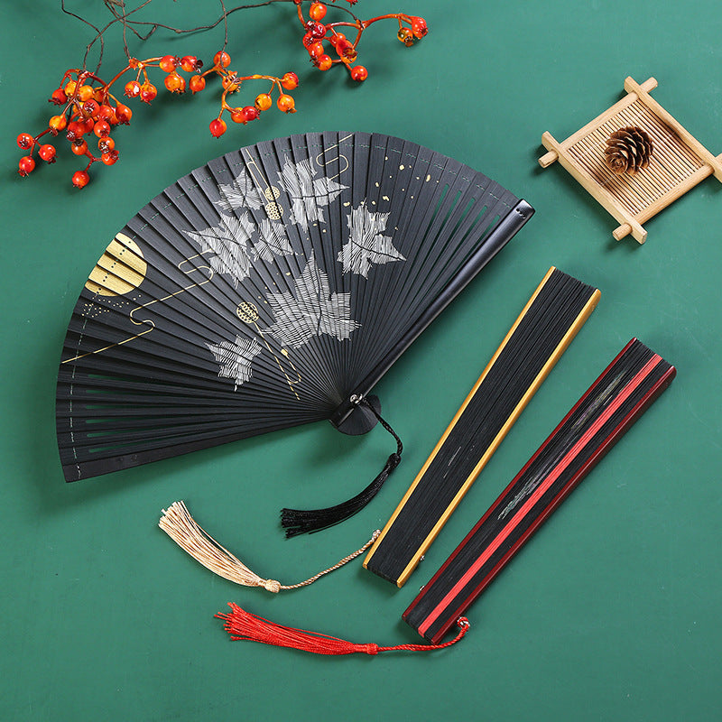 Vintage Buddha Stones Cloud Crane Maple Leaf Pattern Handcrafted Bamboo Folding Fan
