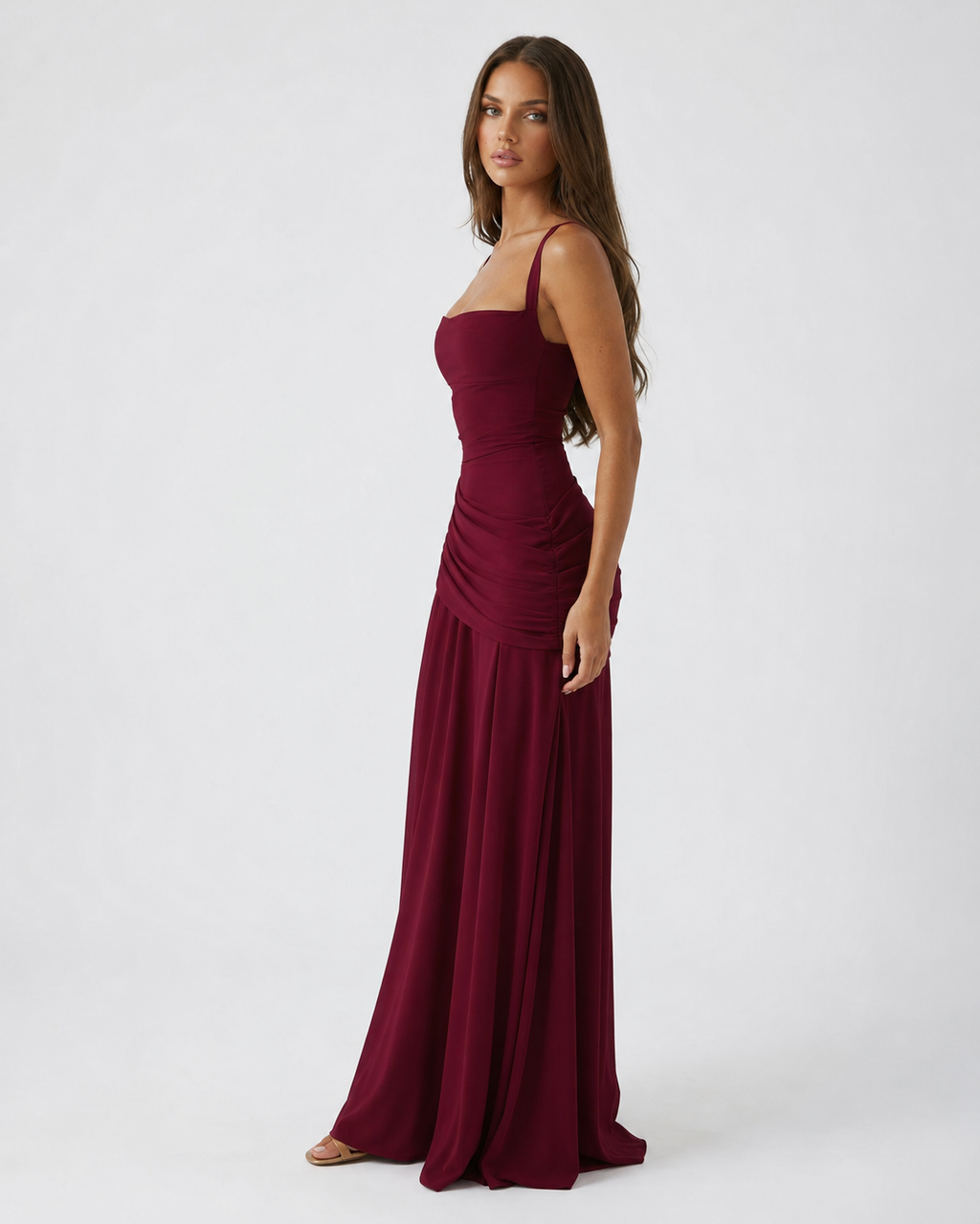 ENIE | Maxikleid mit gerafftem, eckigem Dekolleté