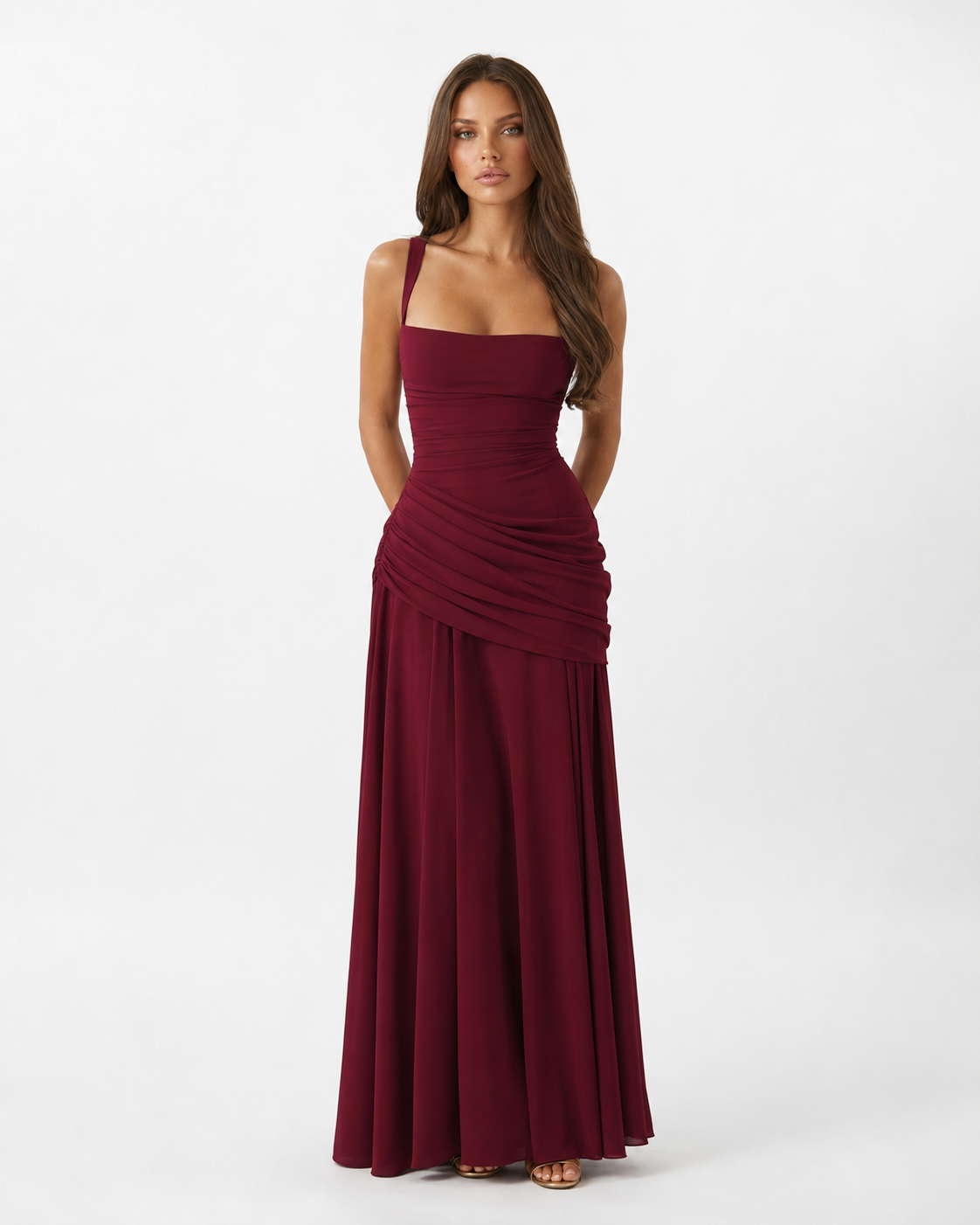 ENIE | Maxikleid mit gerafftem, eckigem Dekolleté
