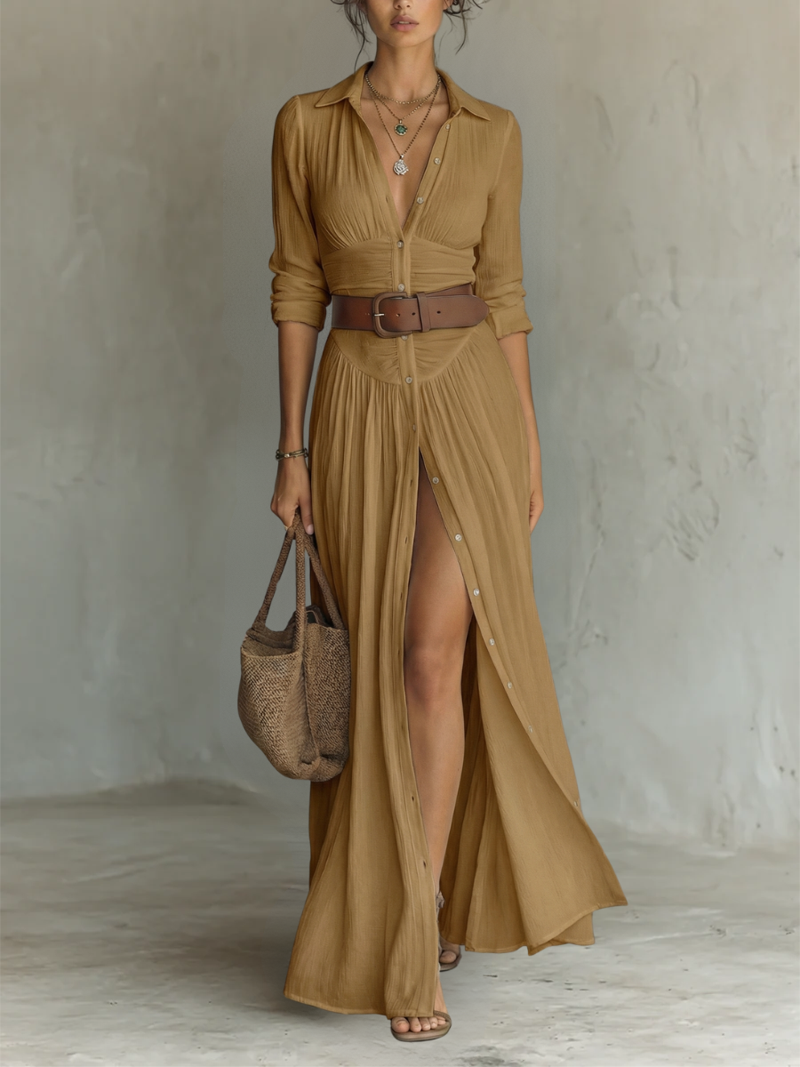 Helenia | Maxi-Kleid für Frauen mit Cut-Out-Kragen und langen Ärmeln