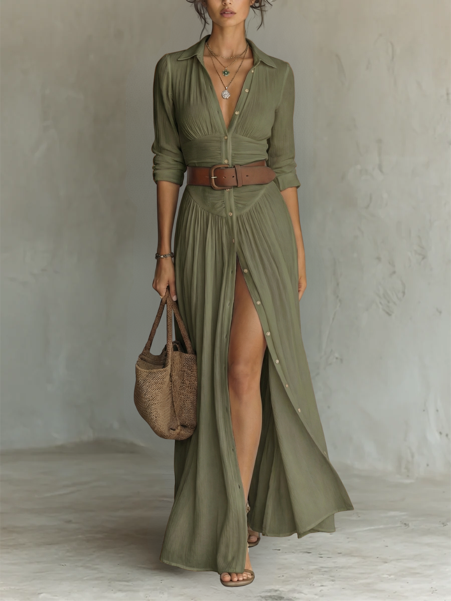 Helenia | Maxi-Kleid für Frauen mit Cut-Out-Kragen und langen Ärmeln