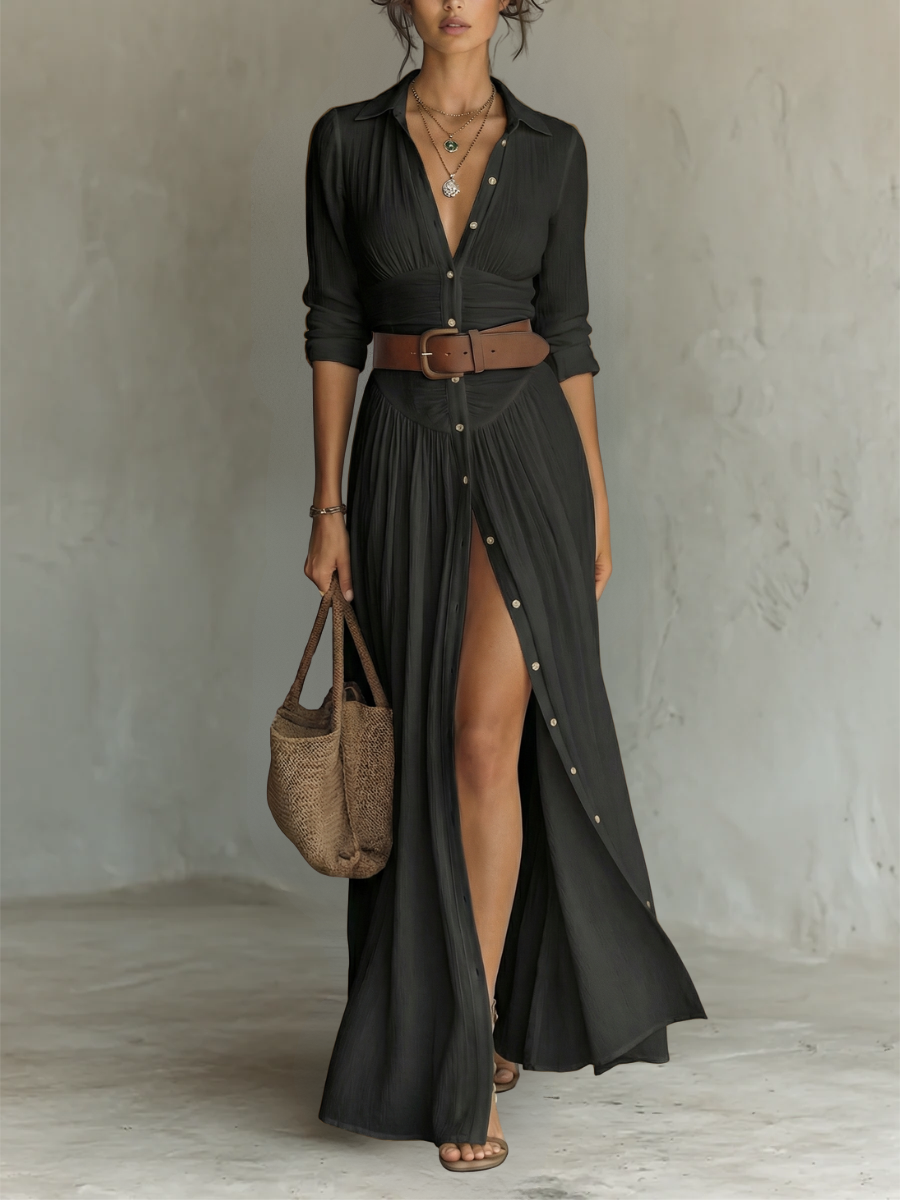 Helenia | Maxi-Kleid für Frauen mit Cut-Out-Kragen und langen Ärmeln