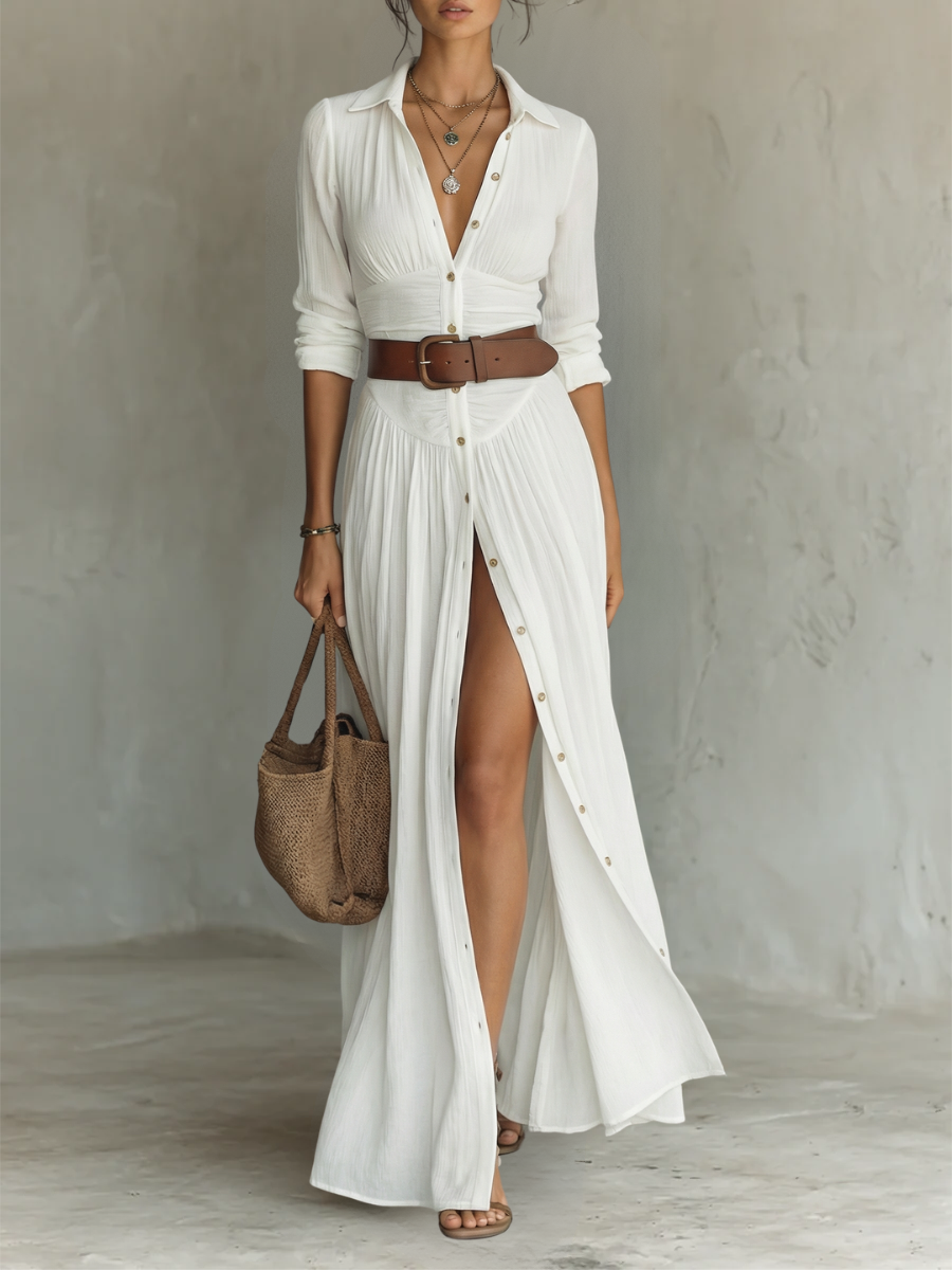 Maxikleid für Frauen mit Cut-Out-Kragen und langen Ärmeln