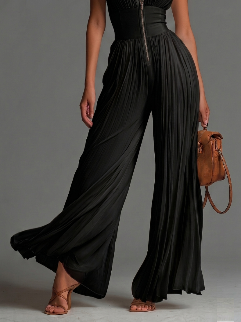 Zsófia Jumpsuit | Black Pleated Chiffon