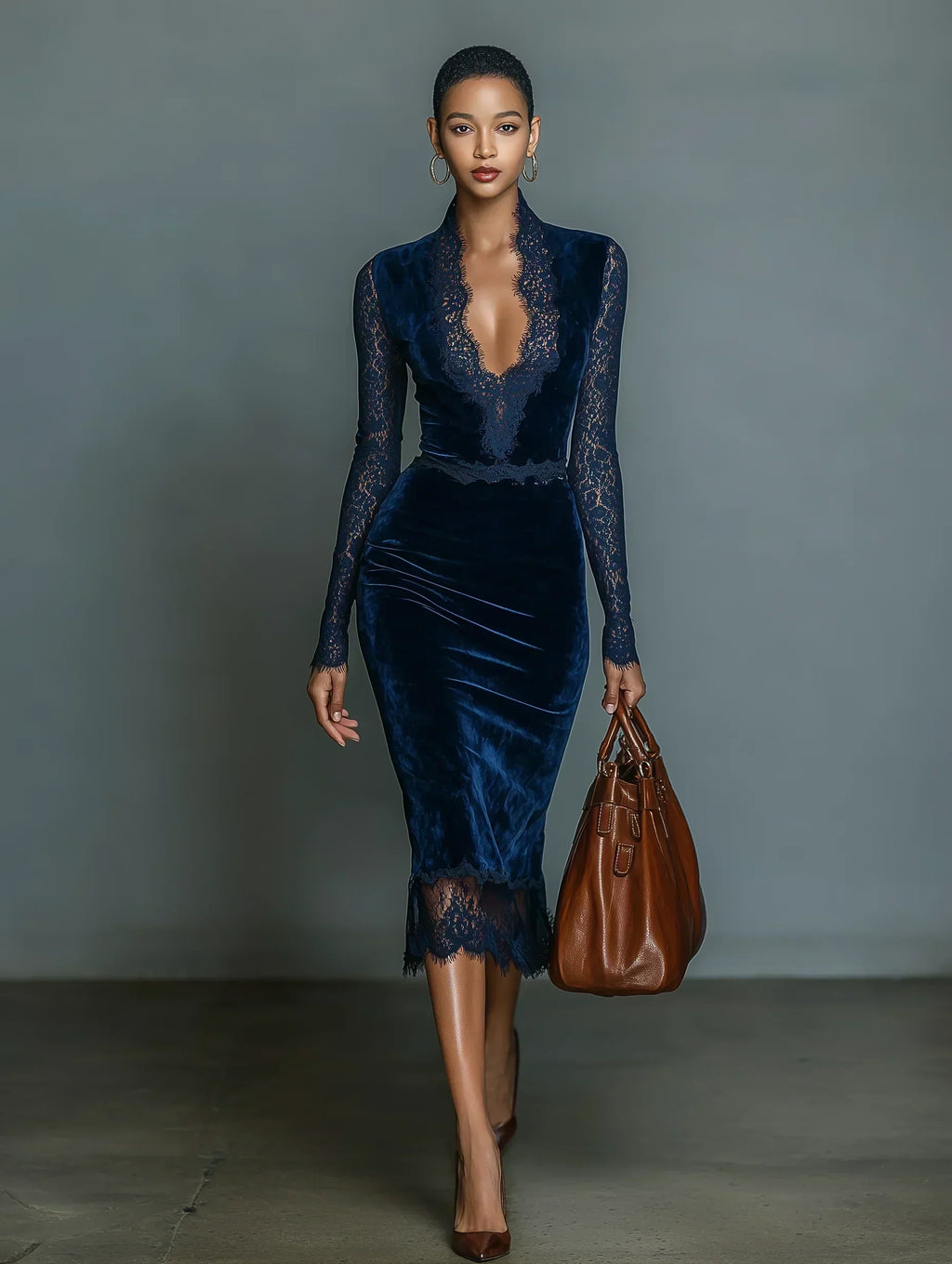 Ellie | Elegantes Dunkelblaues Midi-Kleid für Damen mit V-Ausschnitt, Spitzen-Details und Ärmeln