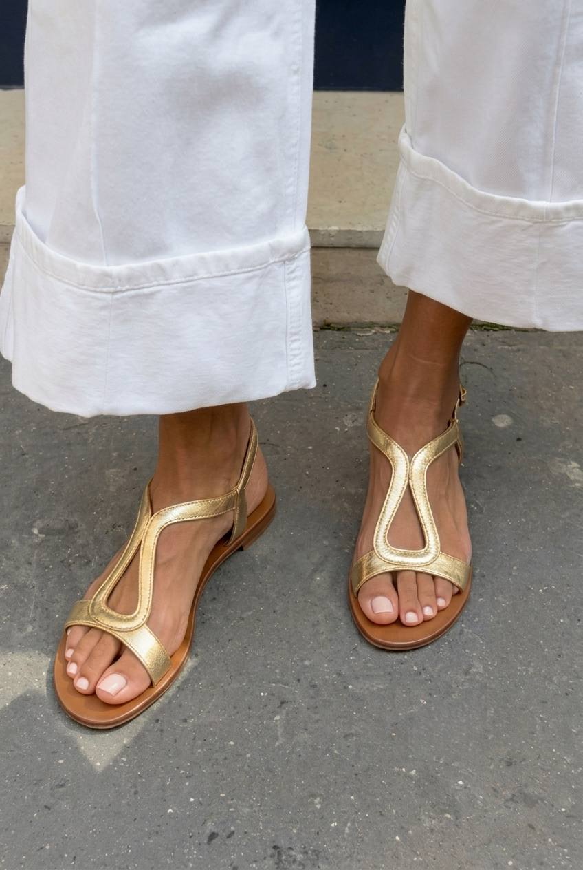Goldene Slingback Sandalen mit Cut-Outs und niedrigem Absatz in metallischem Glanz