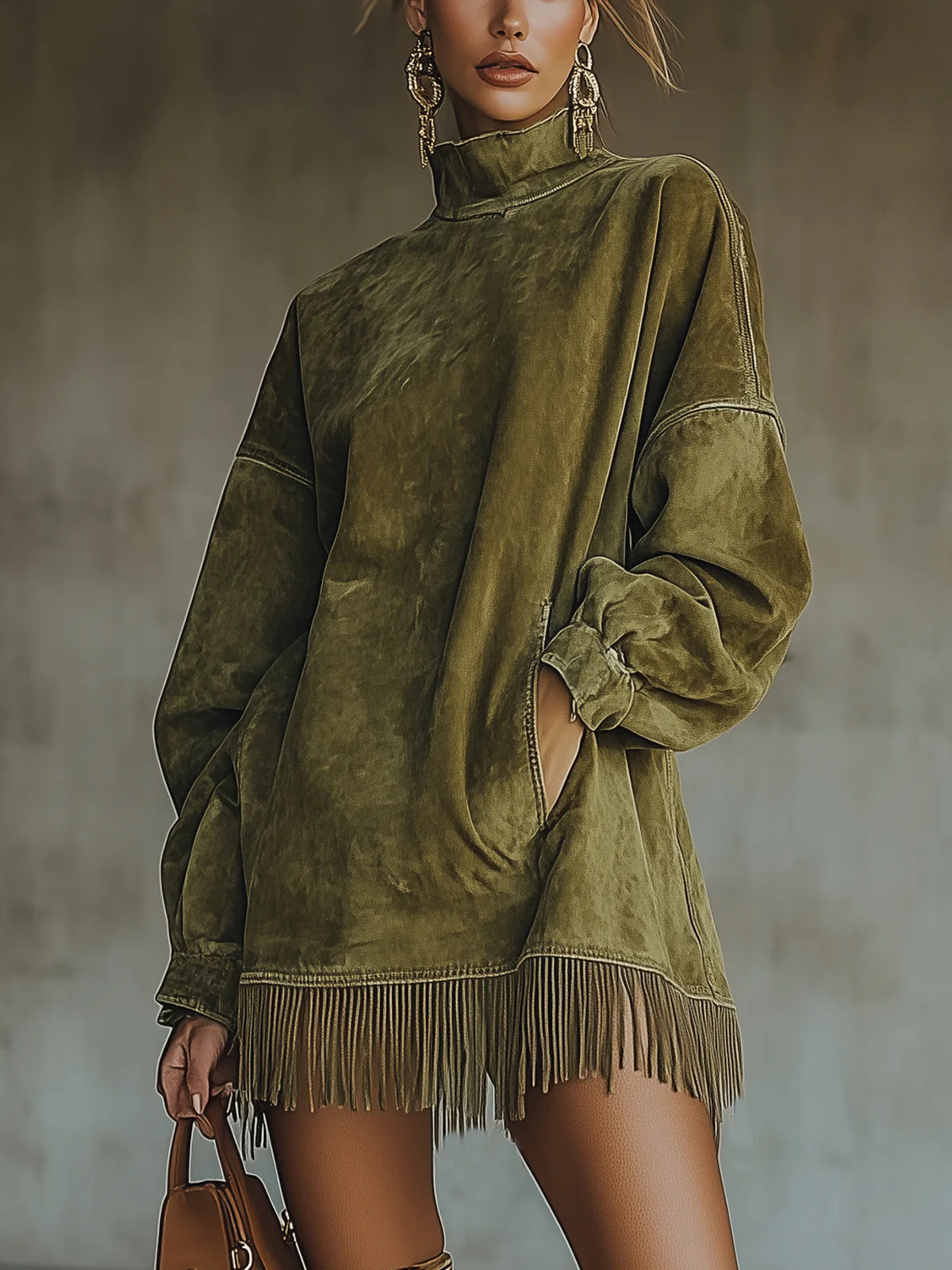 Amalia | Kleid mit hohem Kragen und Fransen-Details