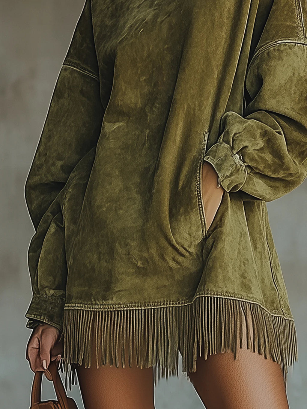 Amalia | Kleid mit hohem Kragen und Fransen-Details