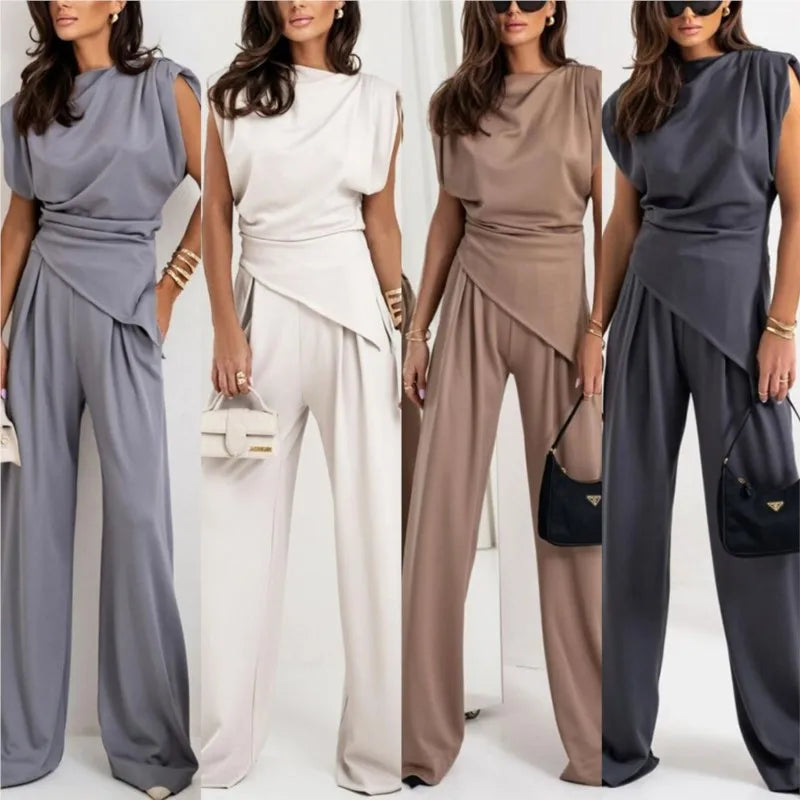 Zweiteiliges Damen-Set mit asymmetrischem Oberteil und weit geschnittenen Hosen