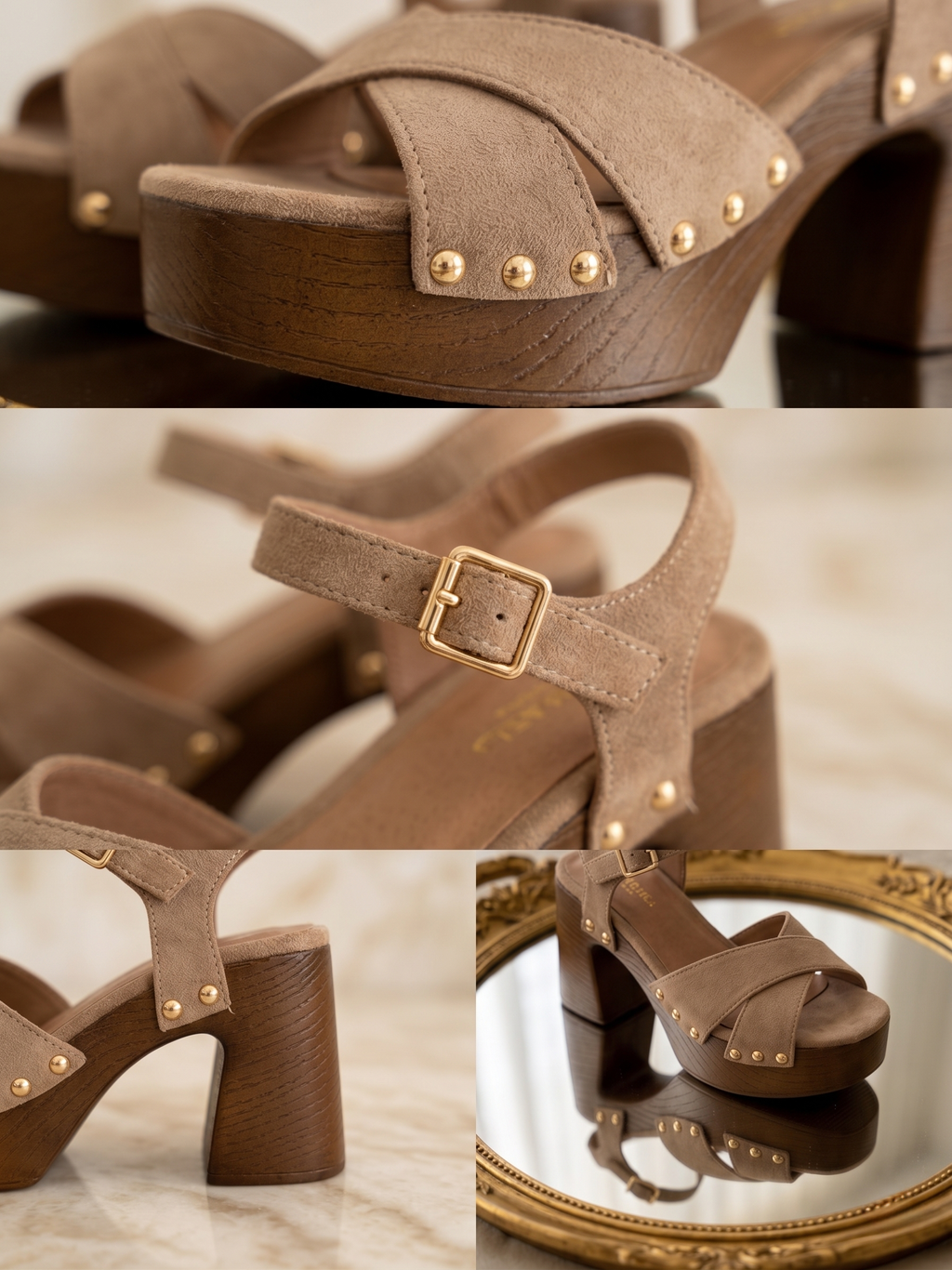Gaia Sandalen – Taupe mit überkreuzten Riemen und goldenen Nieten