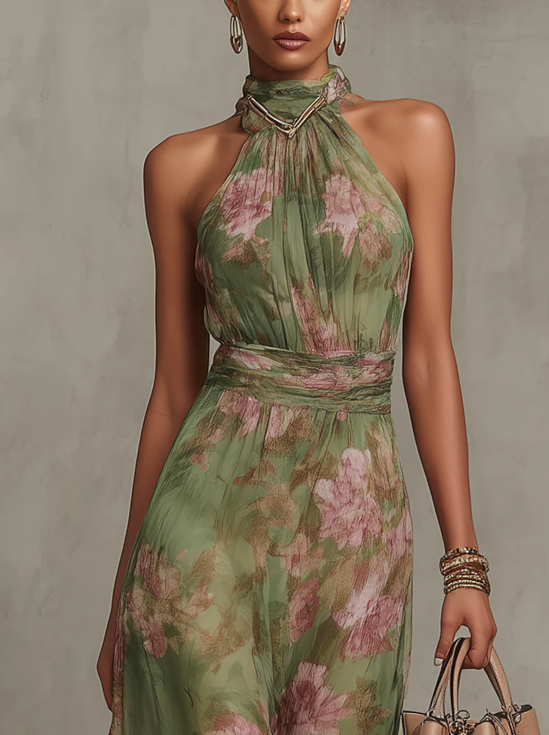 Serena | Grünes Floral Maxikleid mit Neckholder
